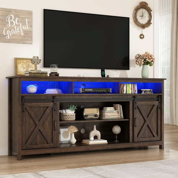 ANPOO Farmhouse TV Stand for 80 inch TVs, Rustic Entertainment Center TV Cabinet Stands with Power Outlets and LED lights