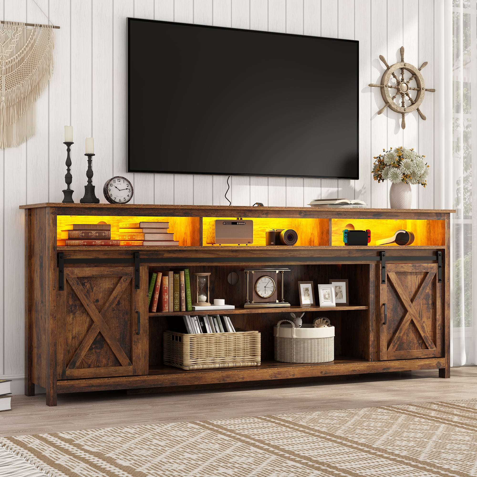 ANPOO Farmhouse TV Stand for 90 inch TVs, Rustic Entertainment
