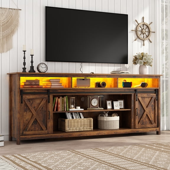 ANPOO Farmhouse TV Stand for 90 inch TVs, Rustic Entertainment Center TV Cabinet Stands with Power Outlets and LED lights