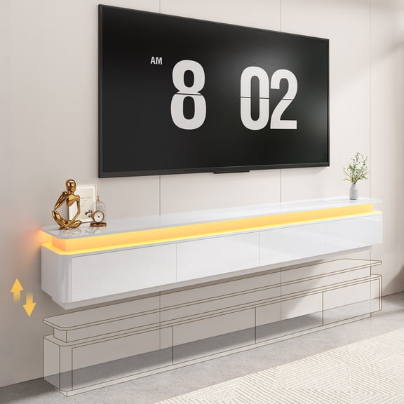 ANPOO 80.7" LED Floating TV Stand for Wall-mounted TV Up to 90'', Floating Entertainment Center with 2 Drawers & 2 Cabinets, Modern High Gloss Media Console with Rounded Corners, Dual Installation