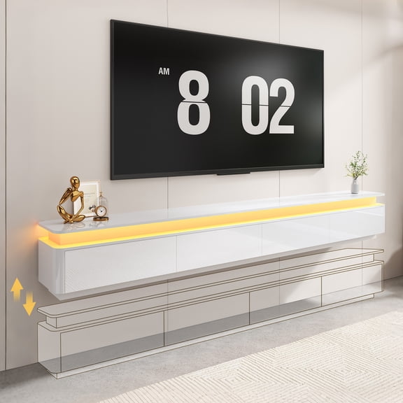 ANPOO Floating TV Stand with LED Lights, High Gloss Wall Mounted Media Console with Rounded Corners & Storage Drawers, Modern Entertainment Center