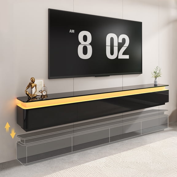 ANPOO 94.5" LED Floating TV Stand for Wall-mounted TV Up to 110'', Floating Entertainment Center with 2 Drawers & 2 Cabinets, Modern High Gloss Media Console with Rounded Corners, Dual Installation