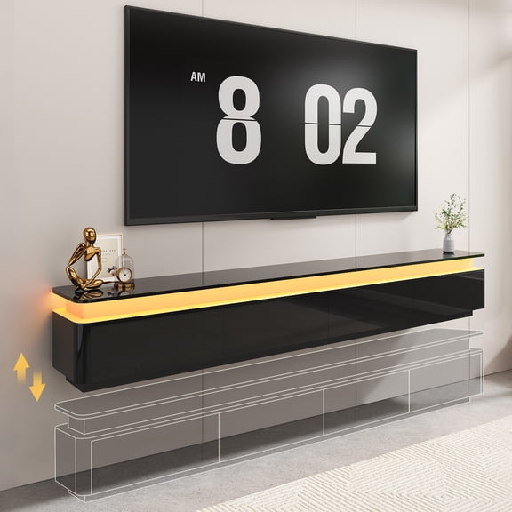 ANPOO 80.7" LED Floating TV Stand for Wall-mounted TV Up to 90'', Floating Entertainment Center with 2 Drawers & 2 Cabinets, Modern High Gloss Media Console with Rounded Corners, Dual Installation