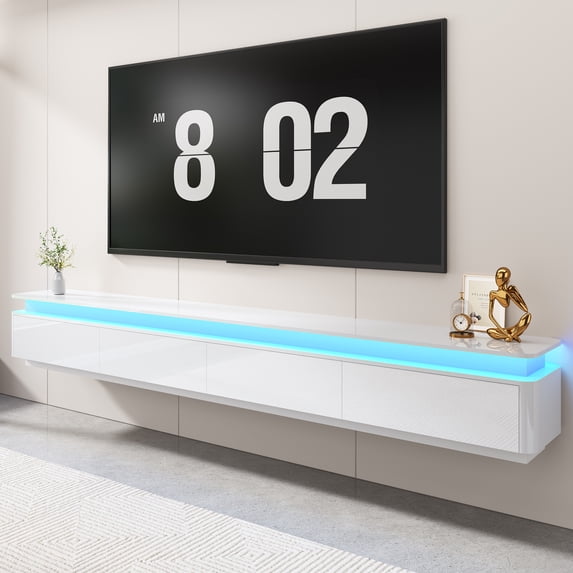 ANPOO 94.5" LED Floating TV Stand for Wall-mounted TV Up to 110'', Floating Entertainment Center with 2 Drawers & 2 Cabinets, Modern High Gloss Media Console with Rounded Corners, Dual Installation