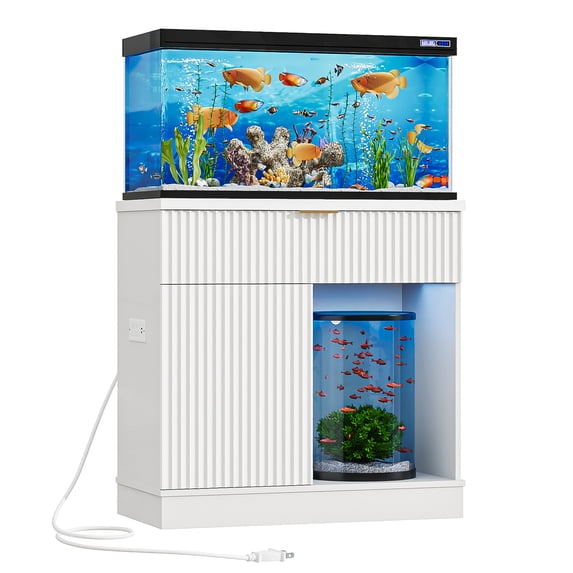 ANPOO Fluted 20-30 Gallon Fish Tank Stand with Power Outlet, 31.5" Aquarium Stand with Drawers and Storage Door, Heavy Duty Tank Stand for 2 Fish Tank & Reptile Terrarium, 1000lbs Capacity, White