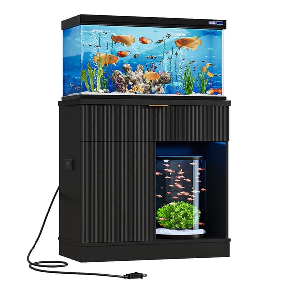ANPOO Fluted 20-30 Gallon Fish Tank Stand with Power Outlet, 31.5" Aquarium Stand with Drawers and Storage Door, Heavy Duty Tank Stand for 2 Fish Tank & Reptile Terrarium, 1000lbs Capacity, Black