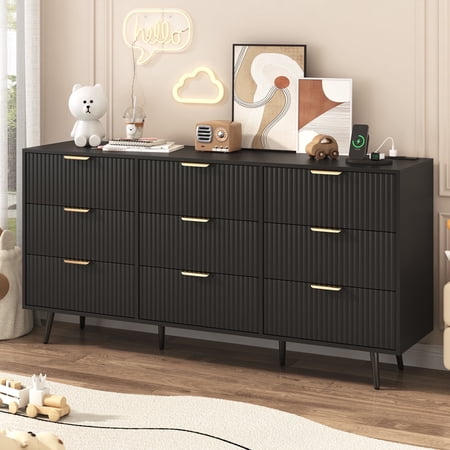 ANPOO Fluted 9 Drawer Dresser with Charging Station for Bedroom, 63" Modern Long Dressers with 9 Wide Drawers/Metal Handles, Wood Storage Cabinet for Bedroom, Living Room, Hallway, Black-63"