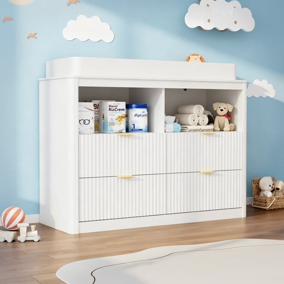 ANPOO Fluted Changing Table Dresser, 2-in-1 Convertible Baby Changing Station with Capacity Changing Tray, Removable Topper, Nursery Dresser with 4 Drawers & Open Storage, Anti-Tipping Device