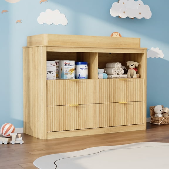 ANPOO Fluted Changing Table Dresser, 2-in-1 Convertible Baby Changing Station with Capacity Changing Tray, Removable Topper, Nursery Dresser with 4 Drawers & Open Storage, Anti-Tipping Device