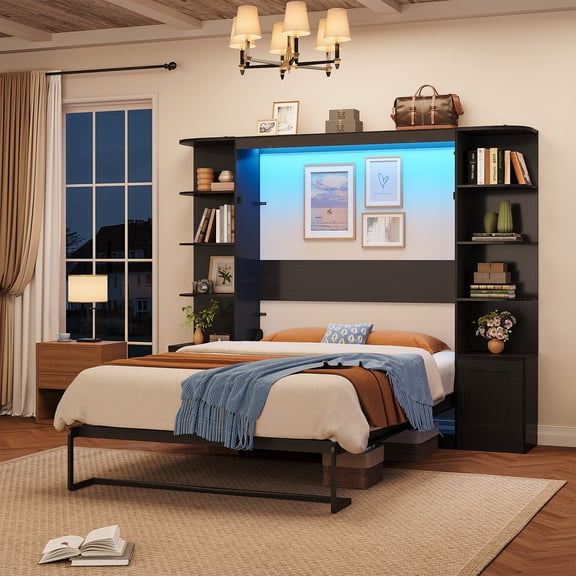 ANPOO Full Murphy Bed with Side Storage Cabinets & RGB LED Lights, Wall Mounted Foldable Murphy Bed Frame with Open Bookshelves, Pneumatic Support, Wood Slats, Space Saving Hidden Bed for Guest Room