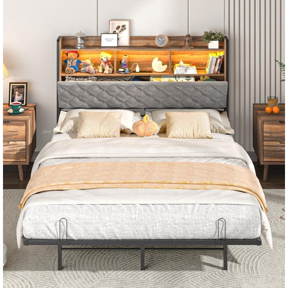 ANPOO Full Size Floating Bed Frame with LED Lights, Metal Platform Bed with Storage Headboard and Charging Station