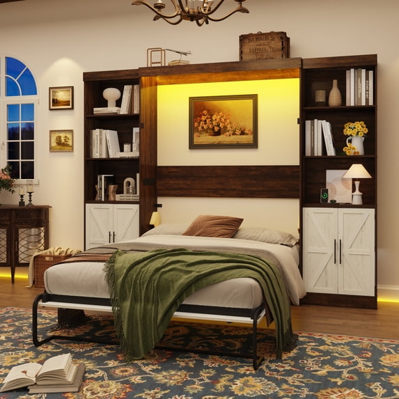 ANPOO Full Size Murphy Bed with 2 LED Lights, Power Outlet, 2 Shelving Unit, Farmhouse Wood Hidden Foldable Wall Bed Frame with Gas Struts, Storage Bed Cabinet for Bedroom, Space-Saving
