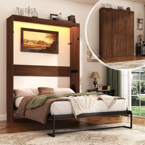 ANPOO Full Size Murphy Bed with LED Light, Space-Saving Wall Bed Frame with Gas Struts, Modern Murphy Storage Bed Cabinet for Guestroom, Office, Bedroom, No Box Spring Needed, Brown