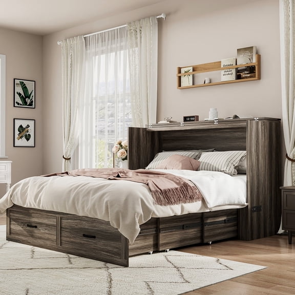 ANPOO Full Size Murphy Chest Bed with Drawer & Power Outlets, Farmhouse Space-Saving Hidden Folding Bed Chest with Storage, Multifunctional Storage Cabinet Beds for Bedroom, Office, Rustic Gray