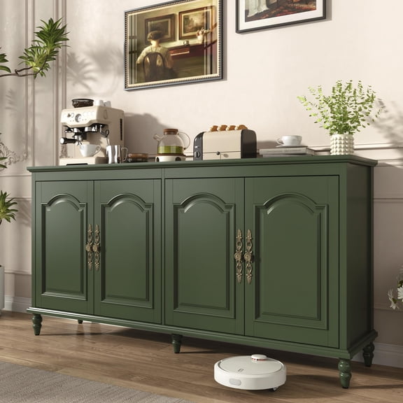 ANPOO 65" Console Cabinet with 4 Doors & Storage, Mid Century Modern Buffet Sideboard Cabinet with Adjustable Shelves & Solid Wood Gourd Legs, Paint Cabinet for Entryway,Dining Room, Vintage Green