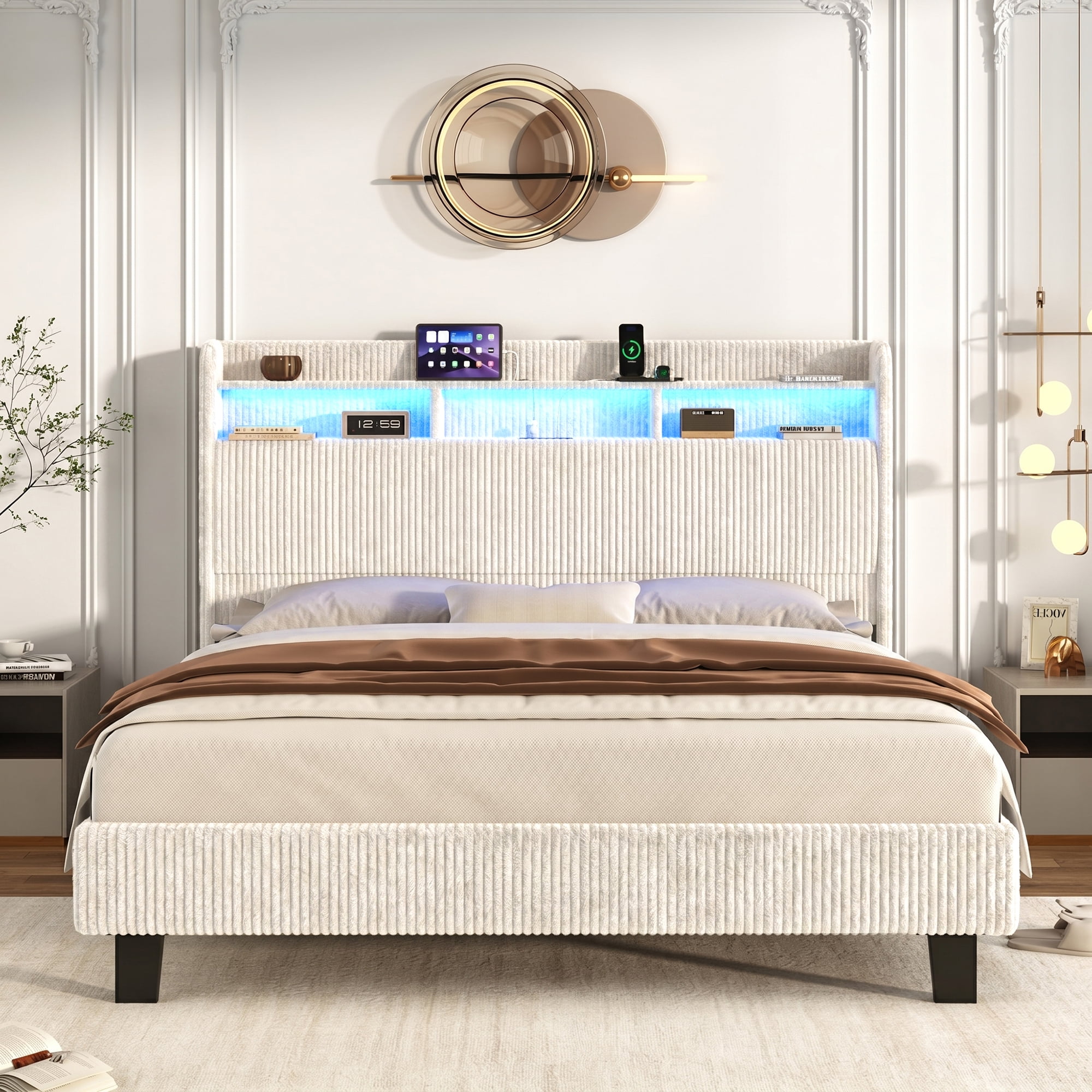 ANPOO King Size LED Corduroy Bed Frame with Charging Station, Wingback ...