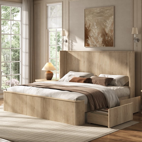 ANPOO King Size Fluted Wood Platform Bed Frame with 4 Storage Drawers, Tall Curved Headboard, Solid Slat Support, No Box Spring Needed, 1000LBS Weight Capacity, Natural Oak Finish
