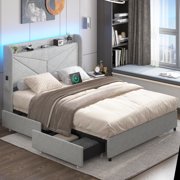 ANPOO LED Bed Frame Queen Size with 4 Storage Sliding Drawers, , Platform Upholstered Bed Frame with Outlets & USB Ports, Light Grey(LGY-Q-With Drawers)