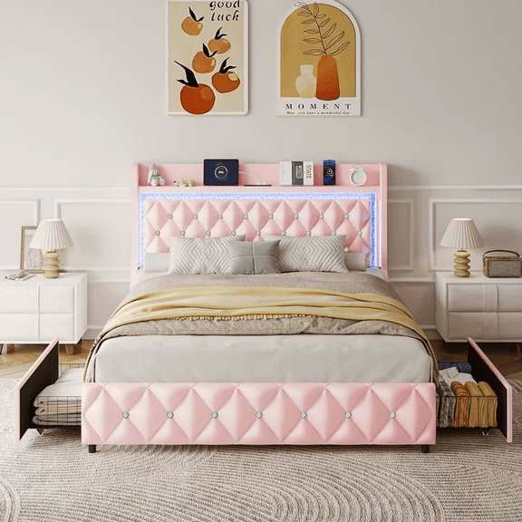 ANPOO LED Full Bed Frame with Power Outlet & 2 Drawers, Upholstered PU Leather Platform Bed with Diamond Tufted Storage Headboard&Footboard, No Box Spring Needed, Noise Free, Pink