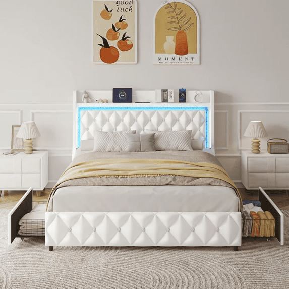 ANPOO LED Full Bed Frame with Power Outlet & 2 Drawers, Upholstered PU Leather Platform Bed with Diamond Tufted Storage Headboard&Footboard, No Box Spring Needed, Noise Free, White