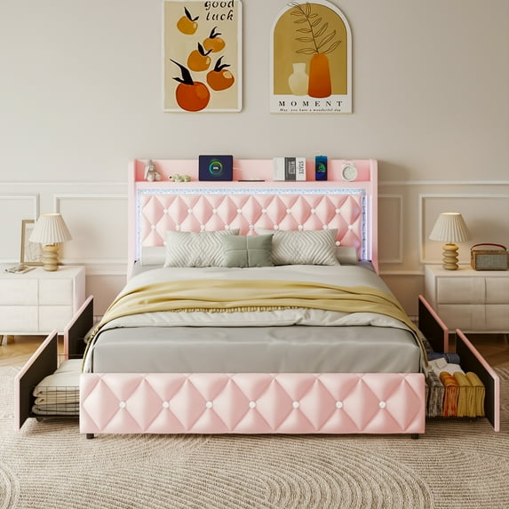 ANPOO LED Full Size Bed Frame with Power Outlet & 4 Drawers, Upholstered PU Leather Platform Bed with Diamond Tufted Storage Headboard&Footboard, No Box Spring Needed, Noise Free, Pink