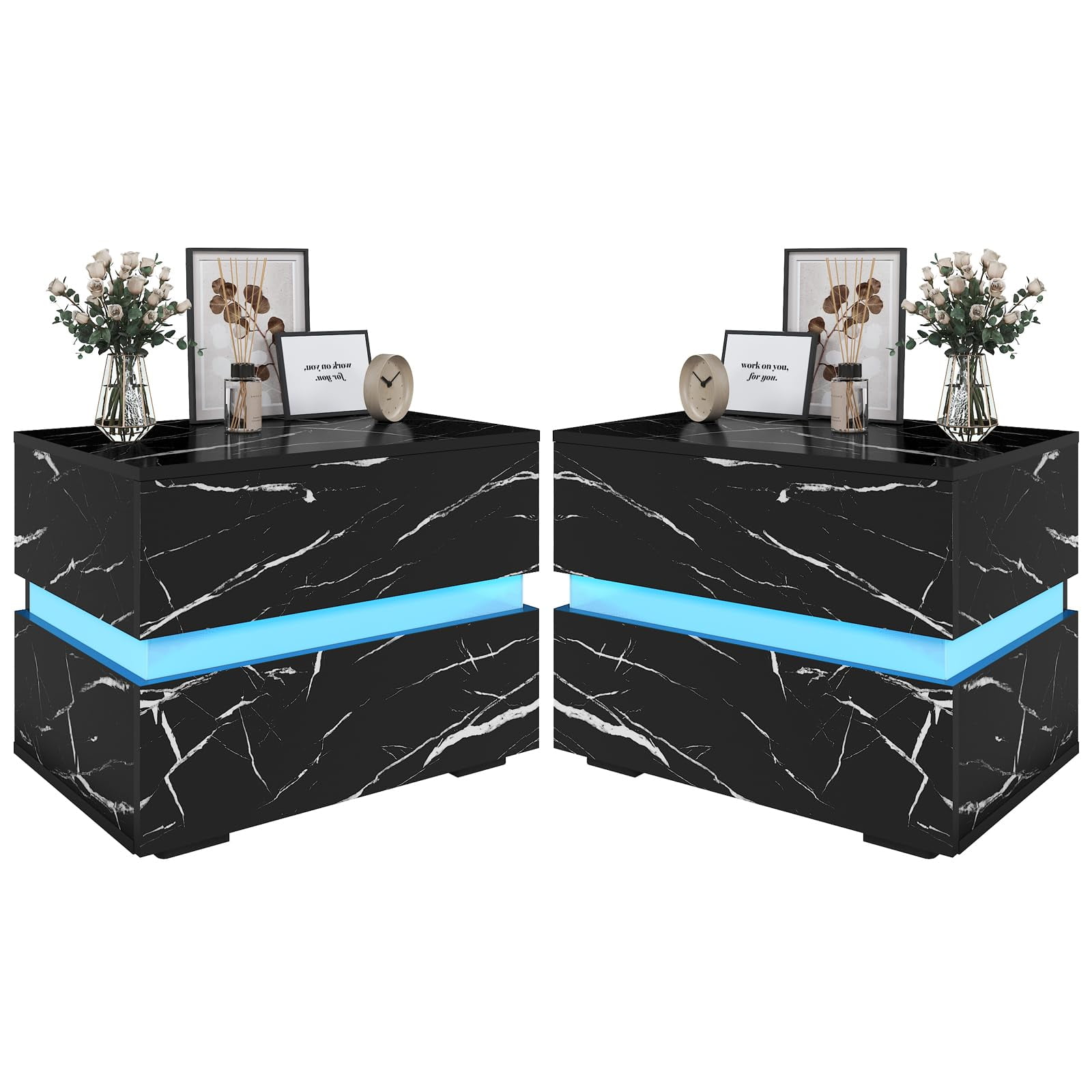 ANPOO LED Nightstand Set of 2 with 2 Storage Drawers, Modern Black High