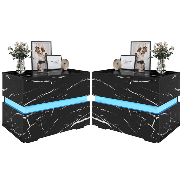 ANPOO LED Nightstand Set of 2 with 2 Storage Drawers, Modern Black High