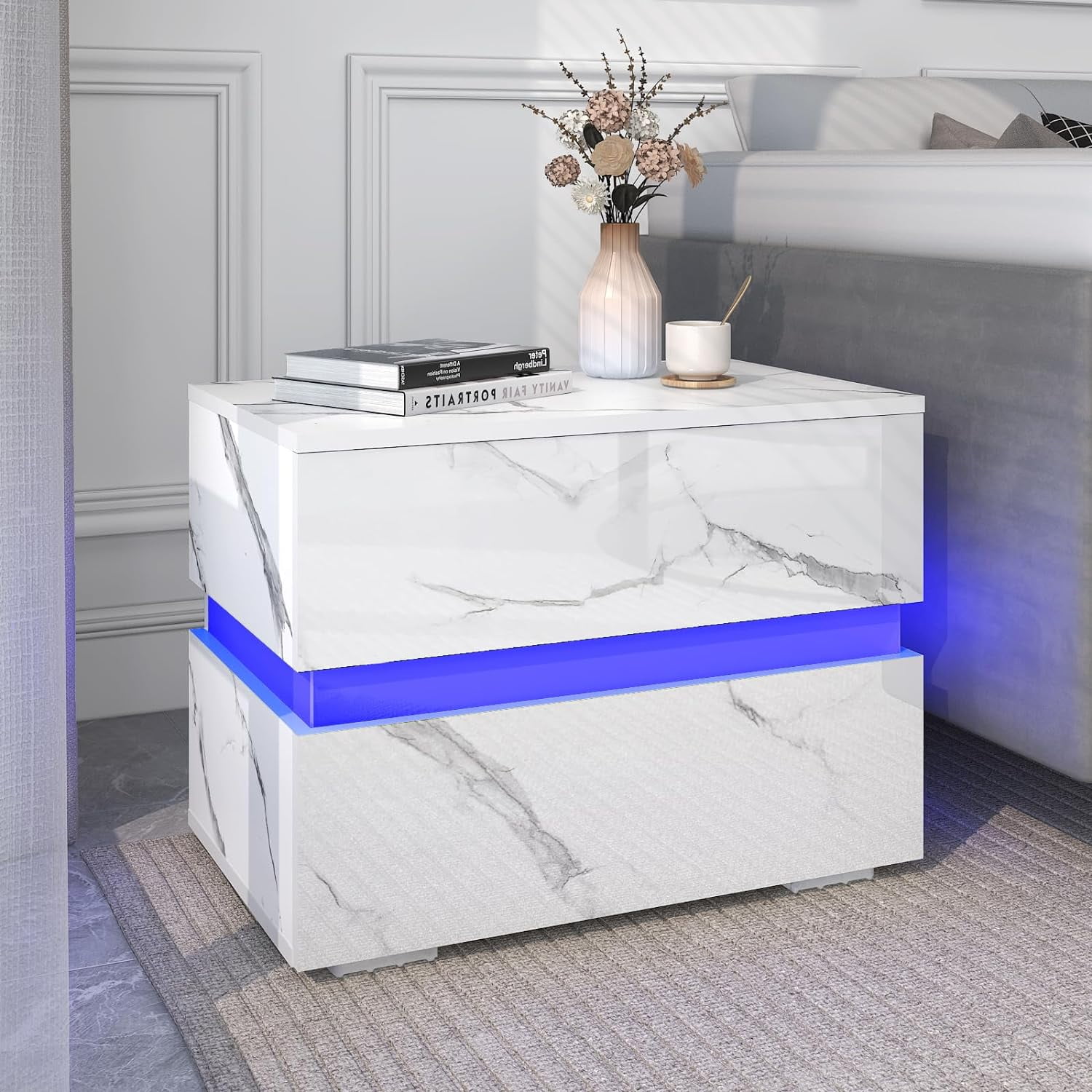 ANPOO LED Nightstand with 2 Storage Drawers, Modern White High Gloss Bedside Table with Led