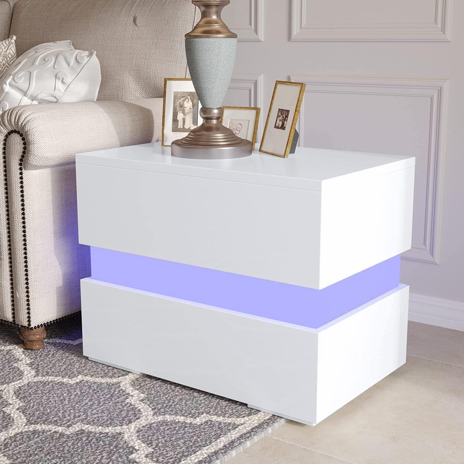 ANPOO LED Nightstand with 2 Storage Drawers, Modern White High Gloss Bedside Table with Led