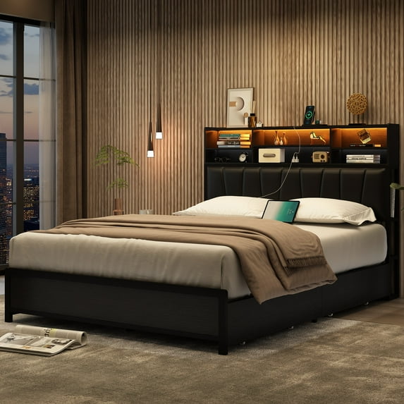 ANPOO LED Queen Size Bed Frame with with Charging Outlets & Storage Headboard, Metal Platform Bed with 4 Drawers & 6 Bookcase Storage, No Box Spring Needed, Noise-Free, Black