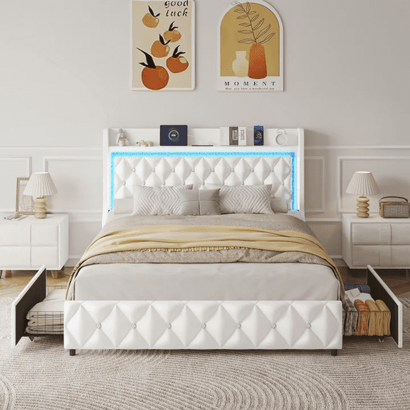 ANPOO LED Queen Bed Frame with Power Outlet & 2 Drawers, Upholstered PU Leather Platform Bed with Diamond Tufted Storage Headboard&Footboard, No Box Spring Needed, Noise Free, White