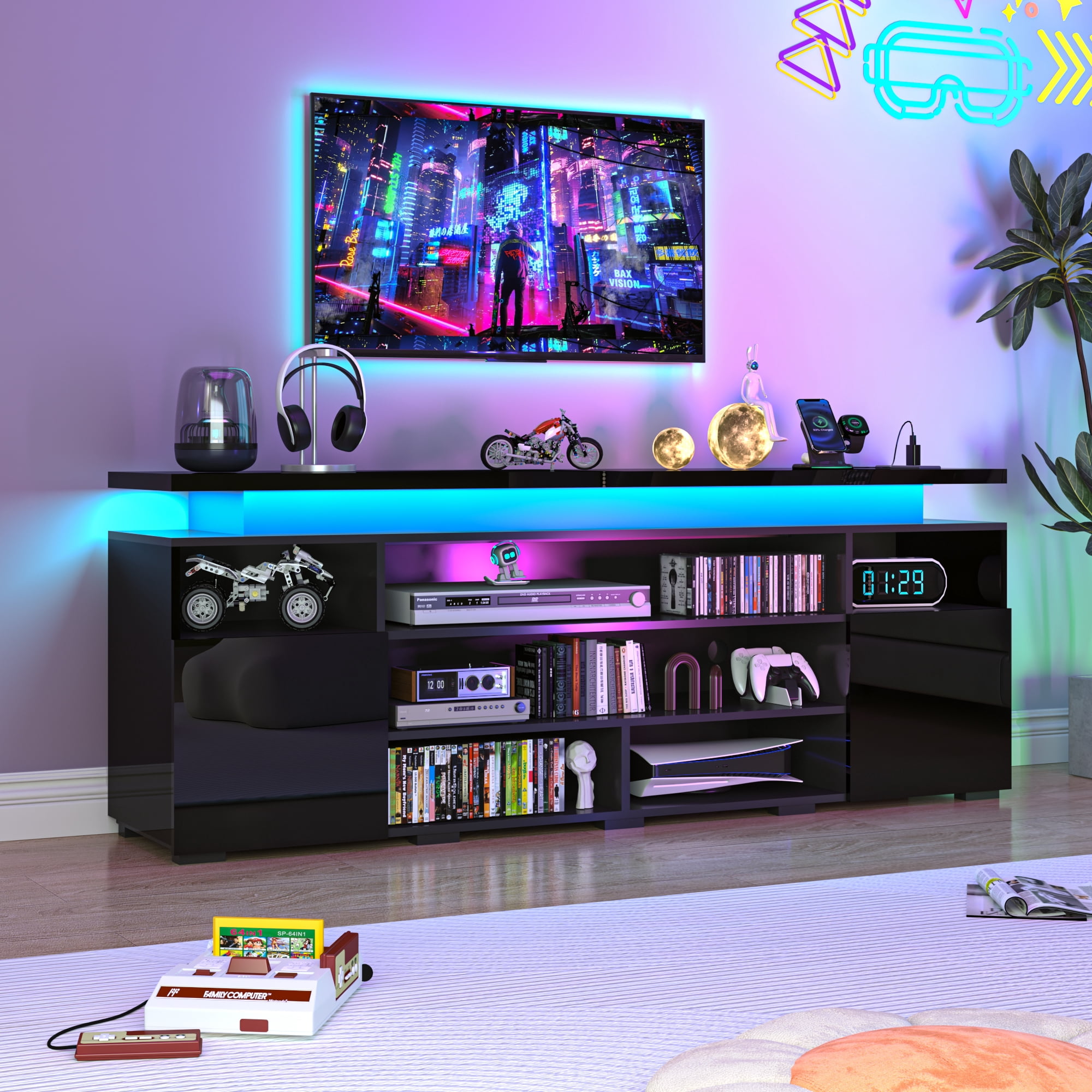 ANPOO LED TV Stand for TVs up to 80",Entertainment Center with Power Outlet,Modern Floating Gaming Media Console with Open Shelves and 2 Storage Cabinets,Black