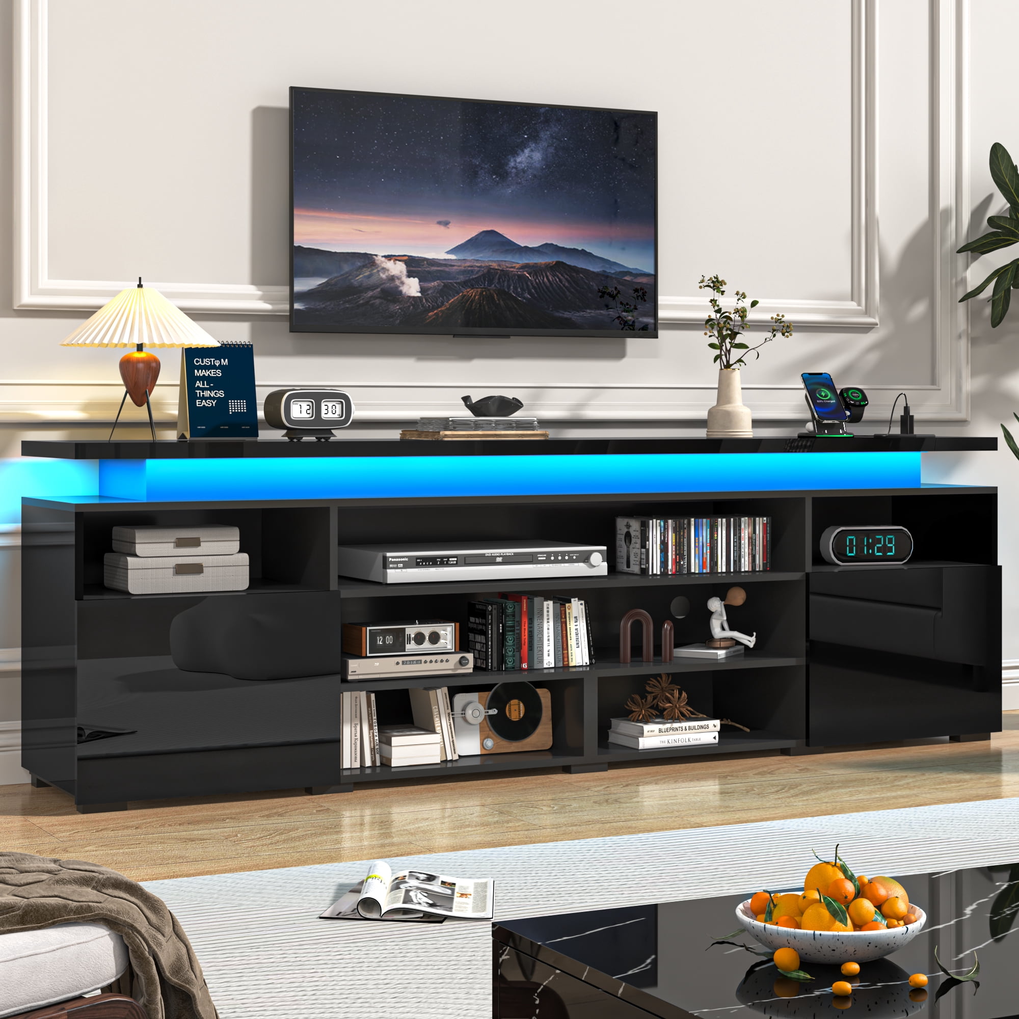 ANPOO LED TV Stand for TVs up to 95",High Gloss Gaming Entertainment Center Media Console with Power Outlet,Open Shelves and 2 Storage Cabinets,Black