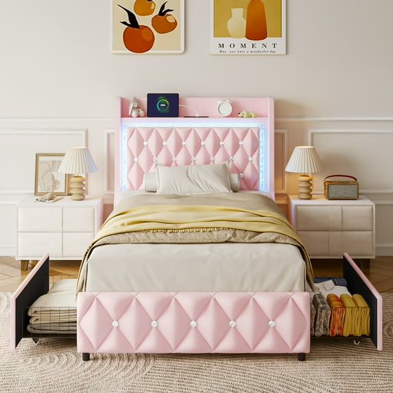 ANPOO LED Twin Size Bed Frame with Power Outlet & 2 Drawers, Upholstered PU Leather Platform Bed with Diamond Tufted Storage Headboard&Footboard, No Box Spring Needed, Noise Free, Pink