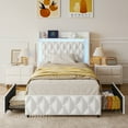 thumbnail image 1 of ANPOO LED Twin Bed Frame with Power Outlet & 2 Drawers, Upholstered PU Leather Platform Bed with Diamond Tufted Storage Headboard&Footboard, No Box Spring Needed, Noise Free, White, 1 of 10