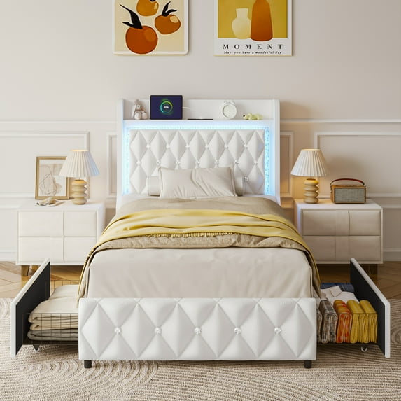 ANPOO LED Twin Bed Frame with Power Outlet & 2 Drawers, Upholstered PU Leather Platform Bed with Diamond Tufted Storage Headboard&Footboard, No Box Spring Needed, Noise Free, White