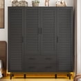 thumbnail image 1 of ANPOO Large 4 Doors Armoire Wardrobe Closet with LED Lights & Hanging Rods,70.9" Black Louver Door Wardrobe Armoire with 2 Drawers,LED Large Armoire Storage with Multi-Layer Shelves, 1 of 9