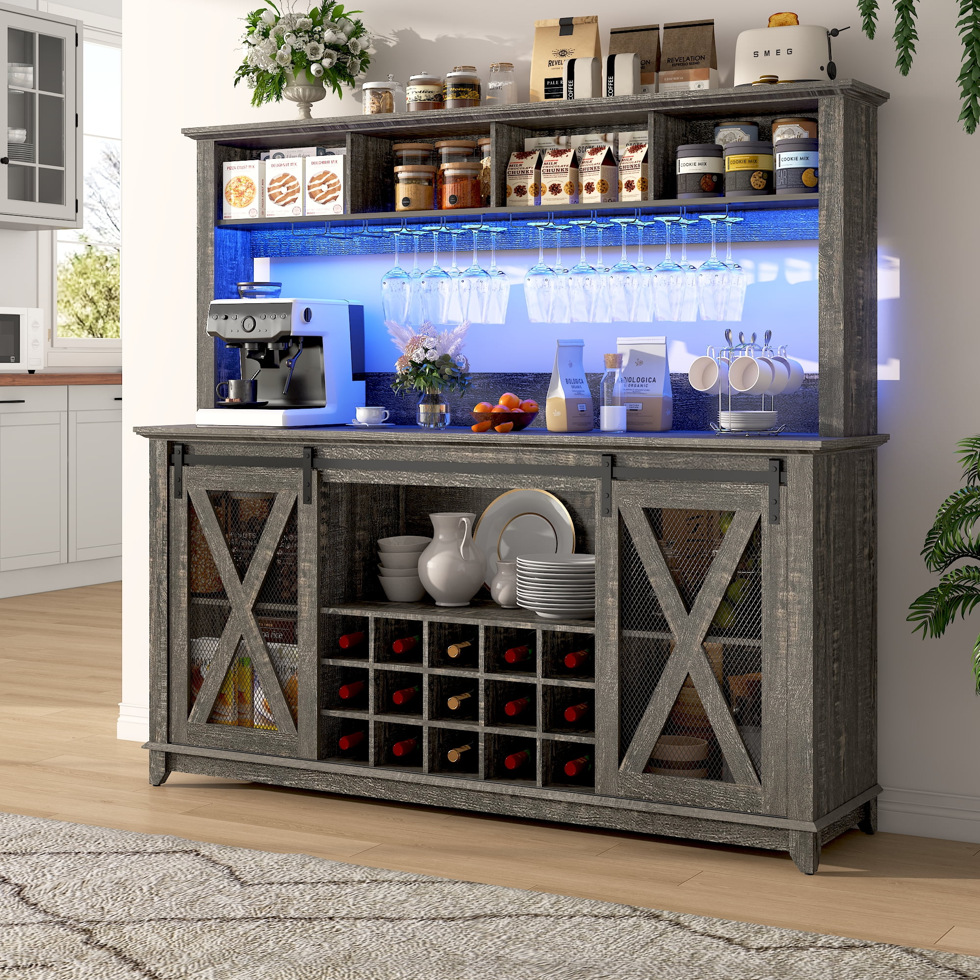ANPOO 63"W Farmhouse Coffee Bar Cabinet Wine Rack and Storage, Tall ...