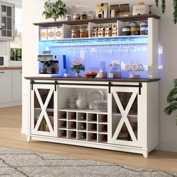 ANPOO 63"W Farmhouse Coffee Bar Cabinet Wine Rack and Storage, Tall Wine Bar Cabinet with 4 Tier Storage Hutch, Buffet Cabinet with LED Light and Glass Racks for Kitchen Dining Room