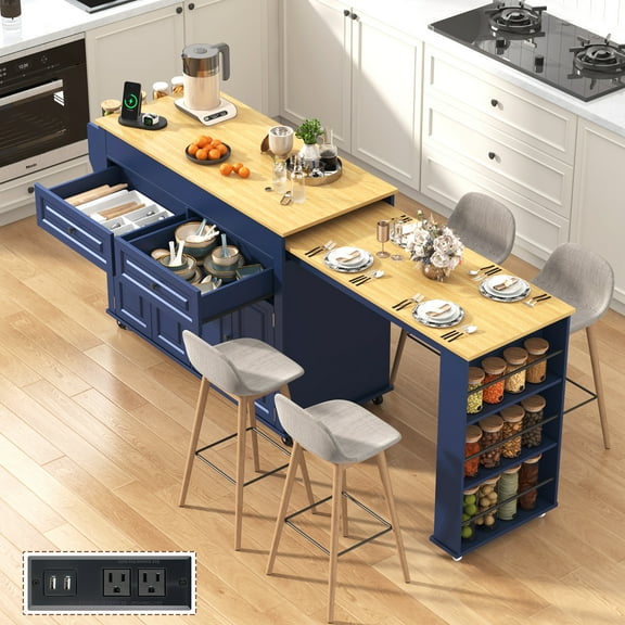ANPOO Large Kitchen Island with Extendable Dining Table and Power Outlet, Rolling Kitchen Island Cart on Wheels with 2 Storage Cabinets & 2 Drawers & 3 Spice Racks, Island Table for Kitchen