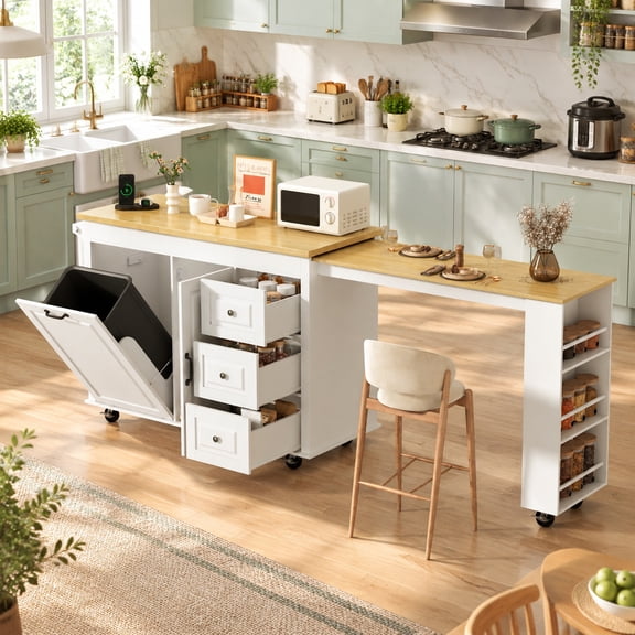ANPOO 94" Large Kitchen Island with Extendable Dining Table & Trash Can, Rolling Kitchen Island Cart on Wheels w/ 3 Drawers & Sided Storage Shelf, Large Rolling Islands Cart w/ Power Outlet, White