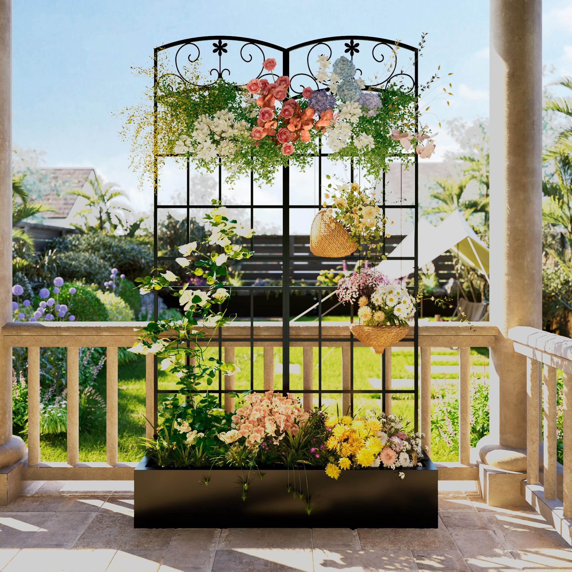ANPOO Metal Raised Garden Bed with Trellis, 70.9"x40.4"x11.8" Outdoor Planter Box with Drainage Holes, Black Privacy Screen for Climbing Plants, Patio & Balcony