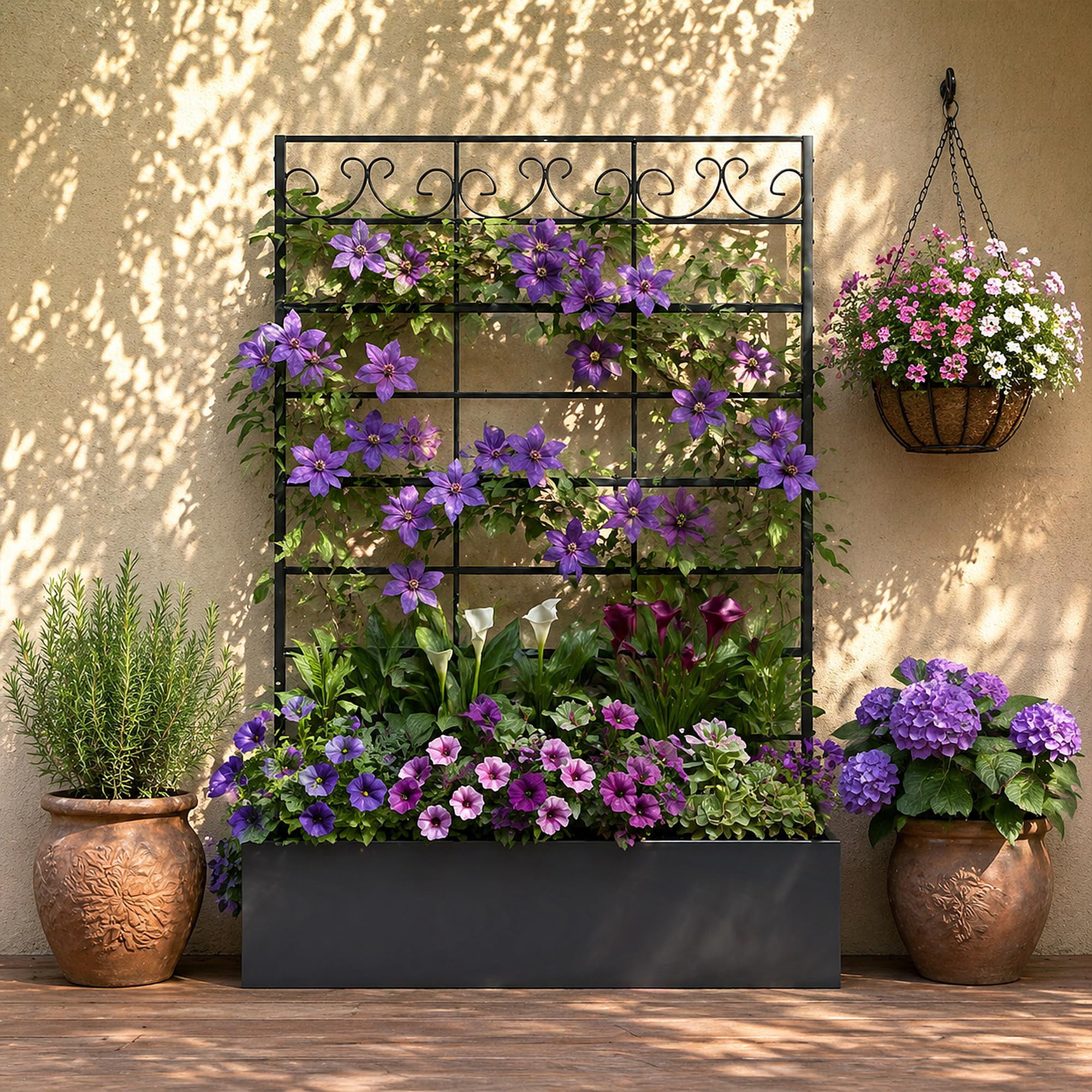 ANPOO Metal Raised Garden Bed with Trellis, 70.9"x47.2"x12" Outdoor Planter Box with Drainage Holes, Black Privacy Screen for Climbing Plants, Patio & Balcony