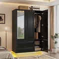 thumbnail image 1 of ANPOO Mid-Century Modern Concave-Convex Bedroom Armoire, 3 Door Freestanding Wardrobe Closet with Mirrors, LED Lights, 70.3" Tall Wooden Storage Cabinet with Drawers & Shelves, Black, 1 of 9