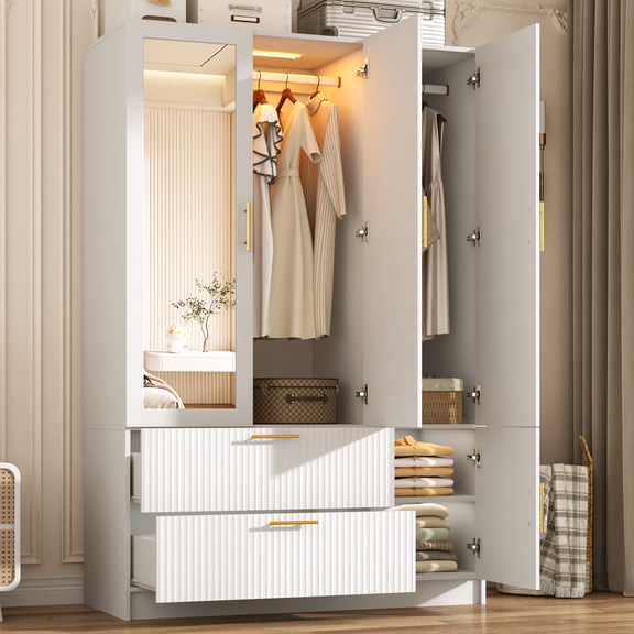 ANPOO Mid-Century Modern Fluted Bedroom Armoire, 3 Door Freestanding Wardrobe Closet with Mirrors, Motion Sensor LED Lights, 70.3" Tall Wooden Storage Cabinet with Drawers & Shelves, White