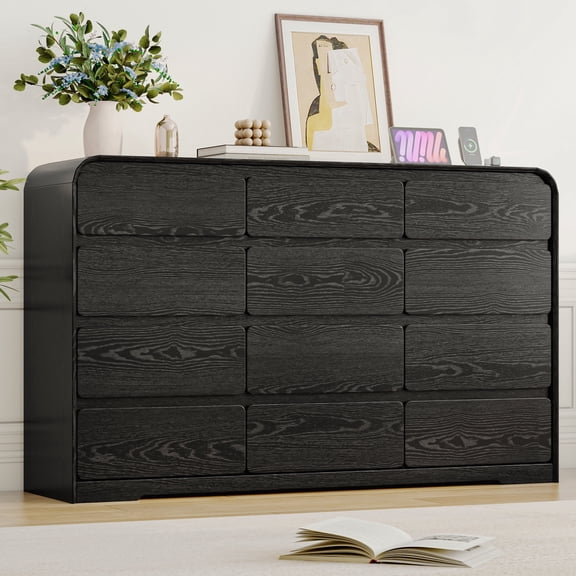 ANPOO 12 Drawers Dresser for Bedroom, 63"W Dressers & Chest of Drawers w/Power Outlet, Curved Design, Wood Mid Century Storage Cabinet, Natural Texture, for Bedroom, Hallway, Black