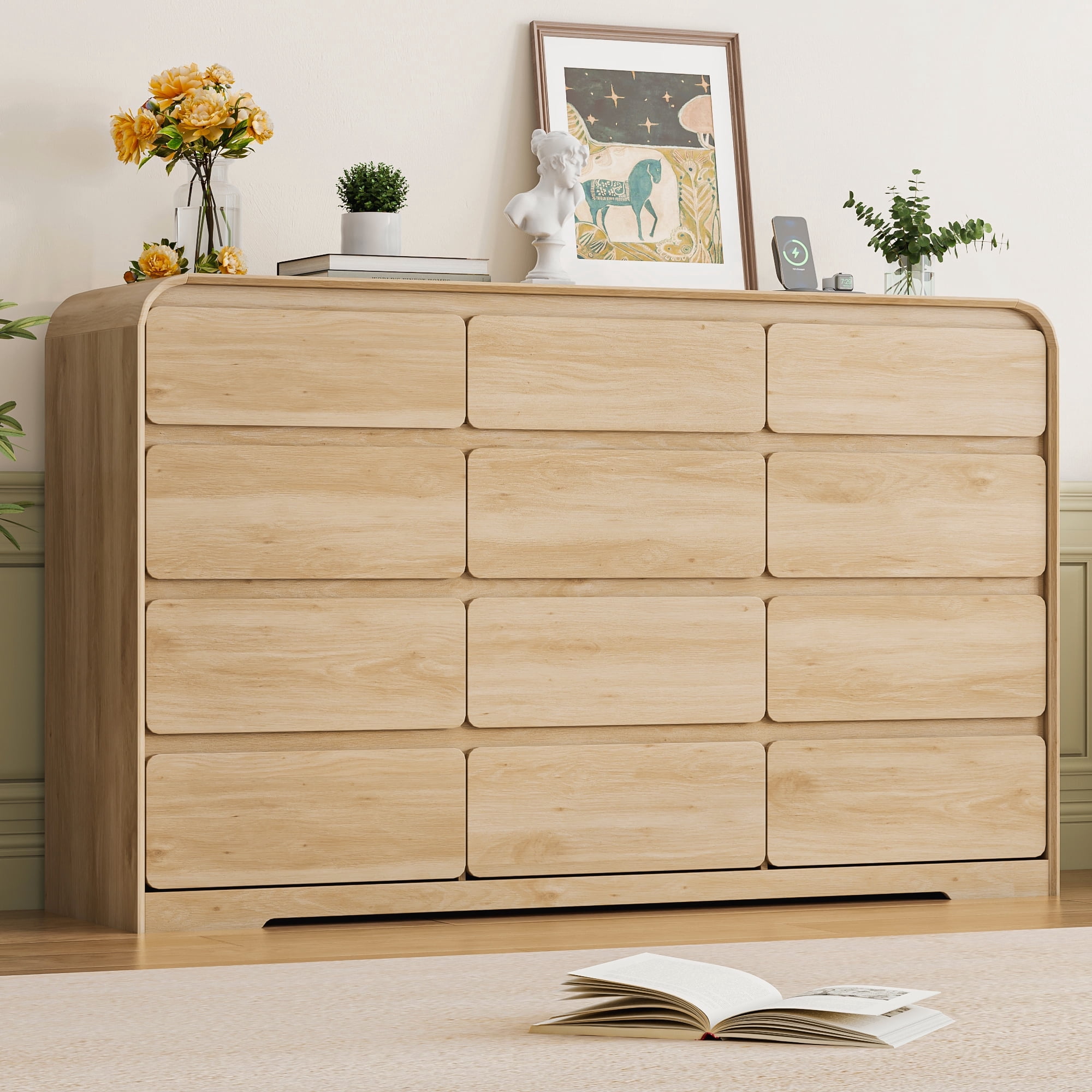 ANPOO 12 Drawers Dresser for Bedroom, 63"W Dressers & Chest of Drawers w/Power Outlet, Curved Design, Wood Mid Century Storage Cabinet, Natural Texture, for Bedroom, Hallway, Oak