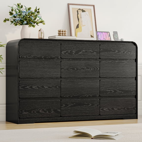 ANPOO Modern 12 Drawers Dresser for Bedroom, 63"W Dressers & Chest of Drawers w/Power Outlet, Curved Profile Design, Wood Mid Century Storage Cabinet, Natural Texture, for Bedroom