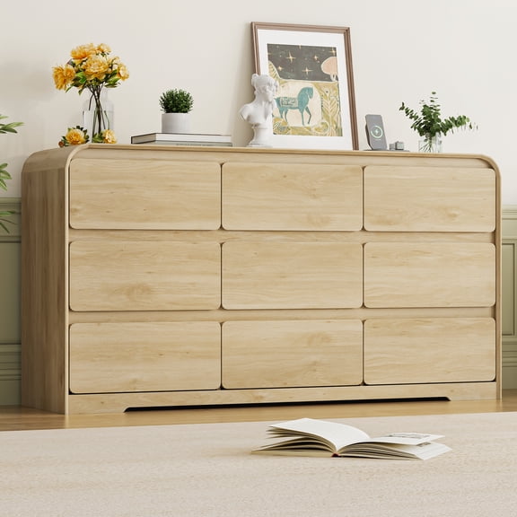 ANPOO Modern 9 Drawers Dresser for Bedroom, 63"W Dressers & Chest of Drawers w/Power Outlet, Curved Profile Design, Wood Mid Century Storage Cabinet, Natural Texture, for Bedroom
