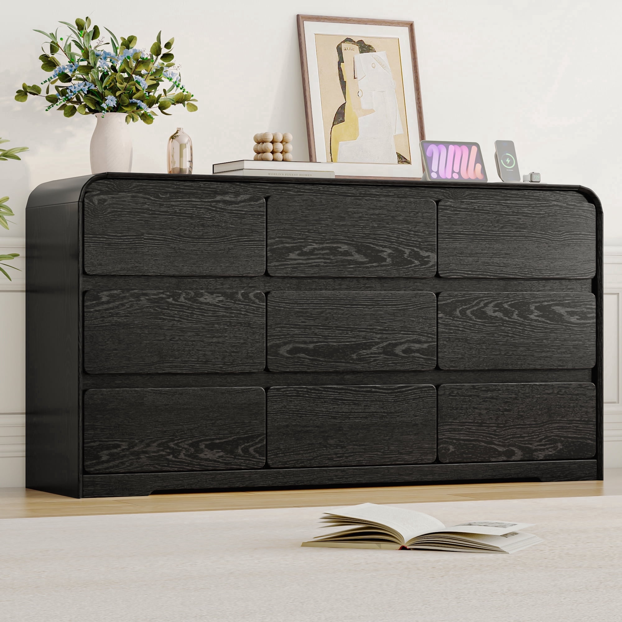 ANPOO 9 Drawers Dresser for Bedroom, 63"W Dressers & Chest of Drawers w/Power Outlet, Curved Design, Wood Mid Century Storage Cabinet, Natural Texture, for Bedroom, Hallway, Black